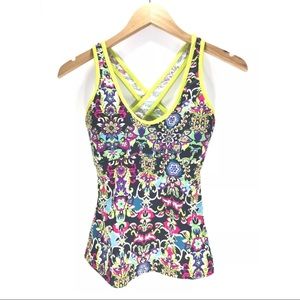 Floral and Scroll Print Cross Strap Tankini Top